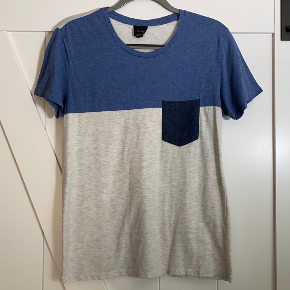 Zara Man T-shirt in Heather Grey Navy Blue Pocket